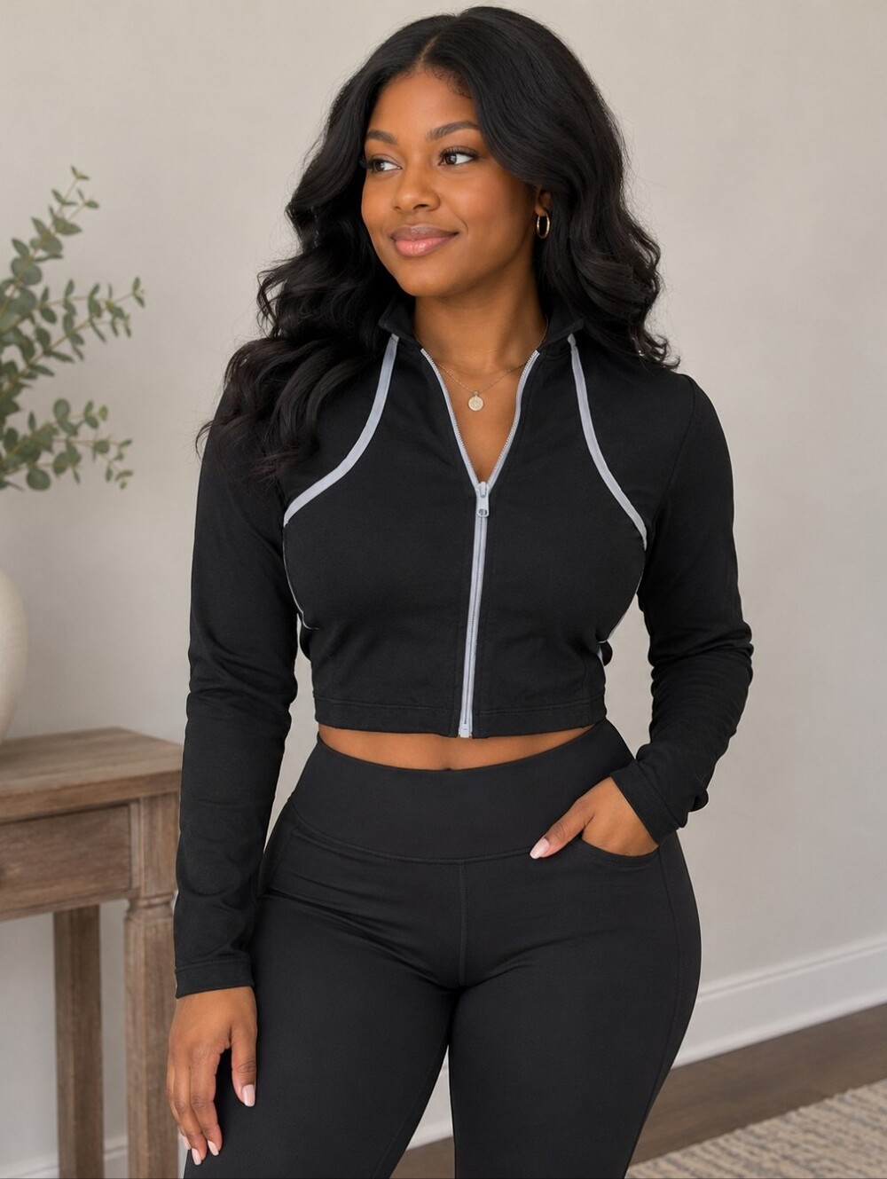 Feathers Black Cropped Zip-Up Jacket with Contrast Trim Size S